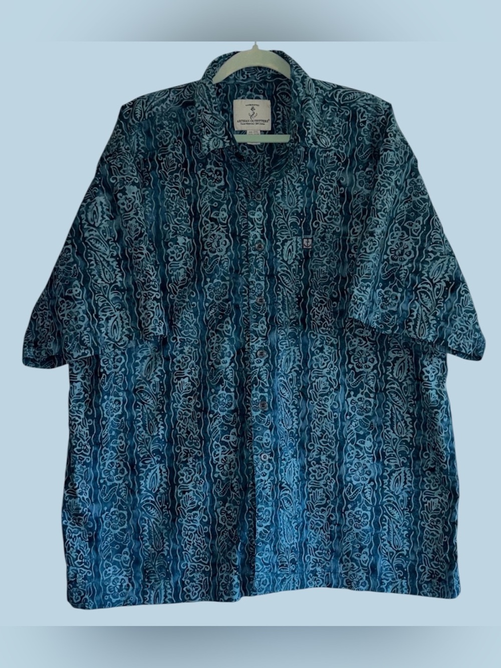Artisan Outfitters Men’s Blue Batik Cotton Button Up Short Sleeve Shirt 2XL